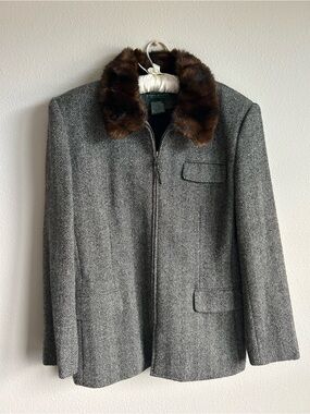 LAUREN Ralph Lauren Gray Herringbone Coat with Brown Fur Collar - Silk & Wool